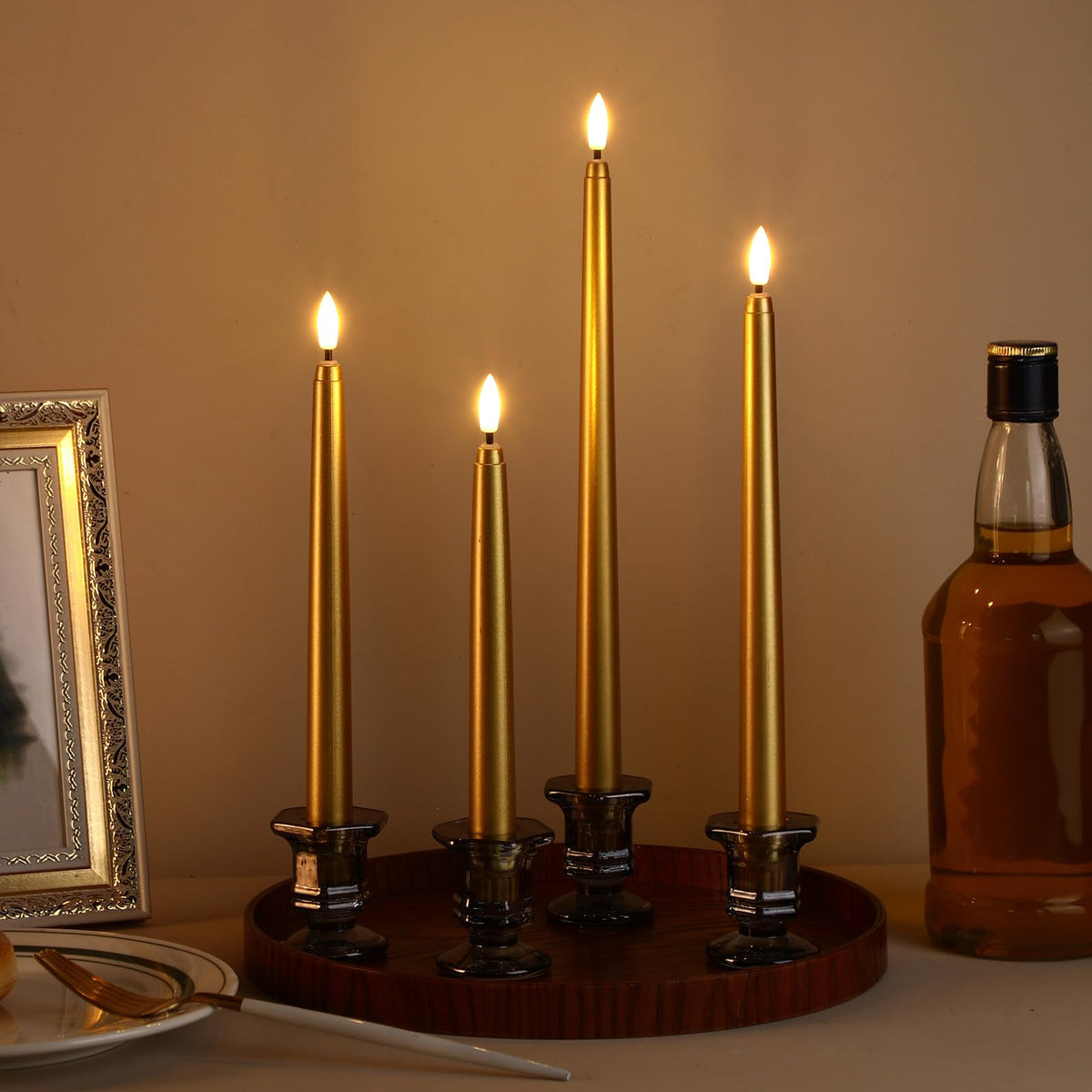 Rossesay 48 Pcs Flameless LED Taper Candles Battery Operated Candles 4 Sizes of 8.5'', 9.65'', 10.83'', 12.8'' Flameless Candlesticks Flickering for Halloween Christmas Church Wedding(Golden)