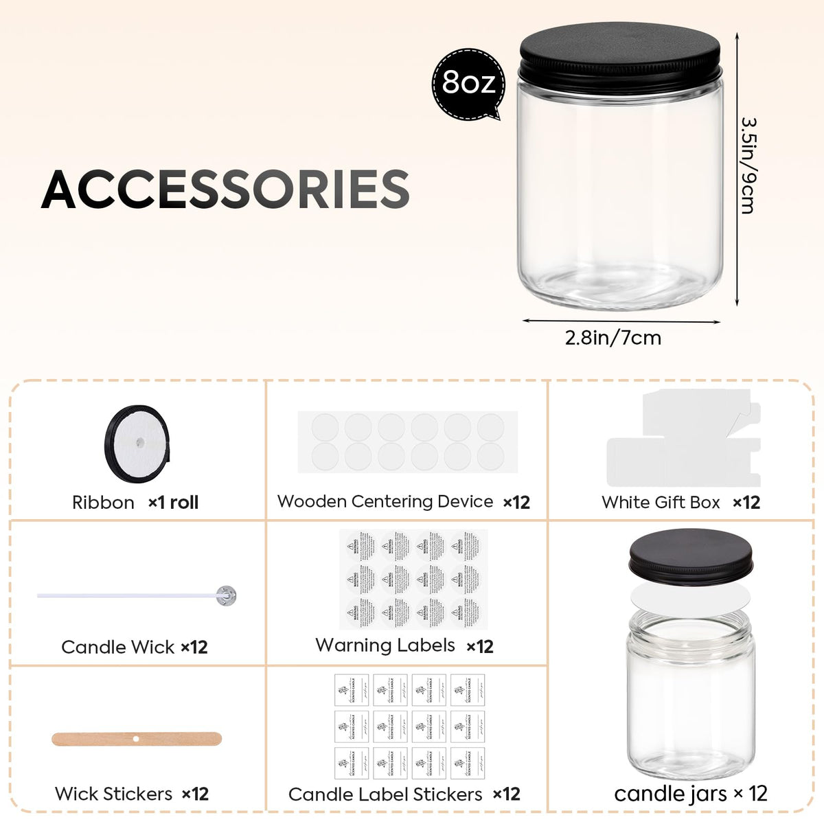 12 Pack 8OZ Glass Jars with Metal Lids, Candle Jars with Candle Making Kits, Labels, Gift Box, Empty Canning Jars, for Food Storage, Spice, Liquid