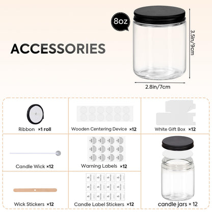 12 Pack 8OZ Glass Jars with Metal Lids, Candle Jars with Candle Making Kits, Labels, Gift Box, Empty Canning Jars, for Food Storage, Spice, Liquid