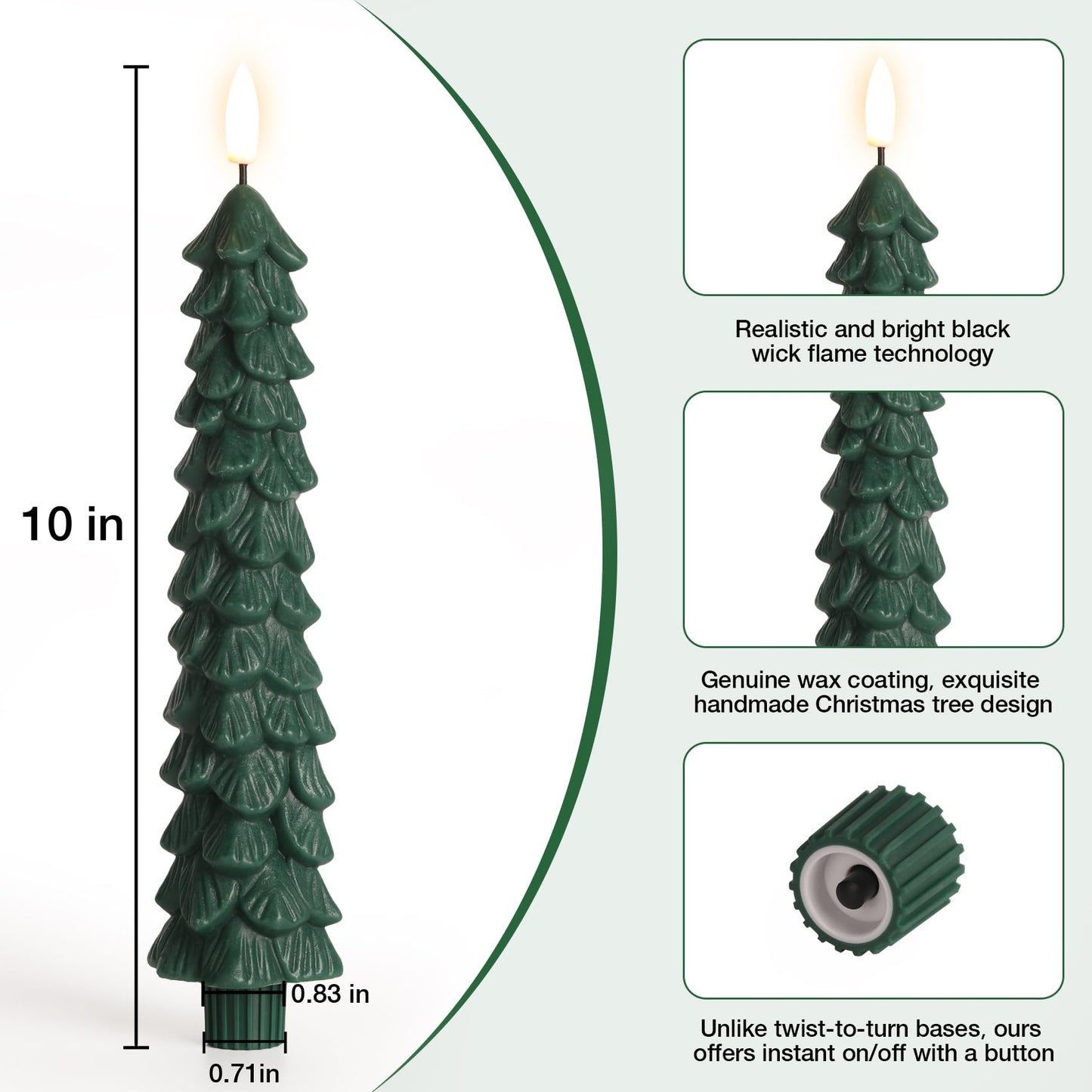 Eywamage Green Christmas Tree Taper Candles with Remote, Real Wax Flickering Flameless LED Candlesticks Set of 2