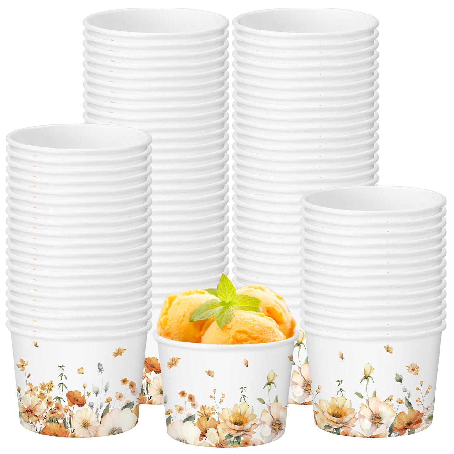 Funnymoom 50 Pack Fall Floral Treat Snack Cups Autumn Flowers Paper Ice Cream Cups 9 oz Watercolor Flower Disposable Dessert Bowls for Hot or Cold Food Fall Wedding Baby Shower Birthday Party Supplies