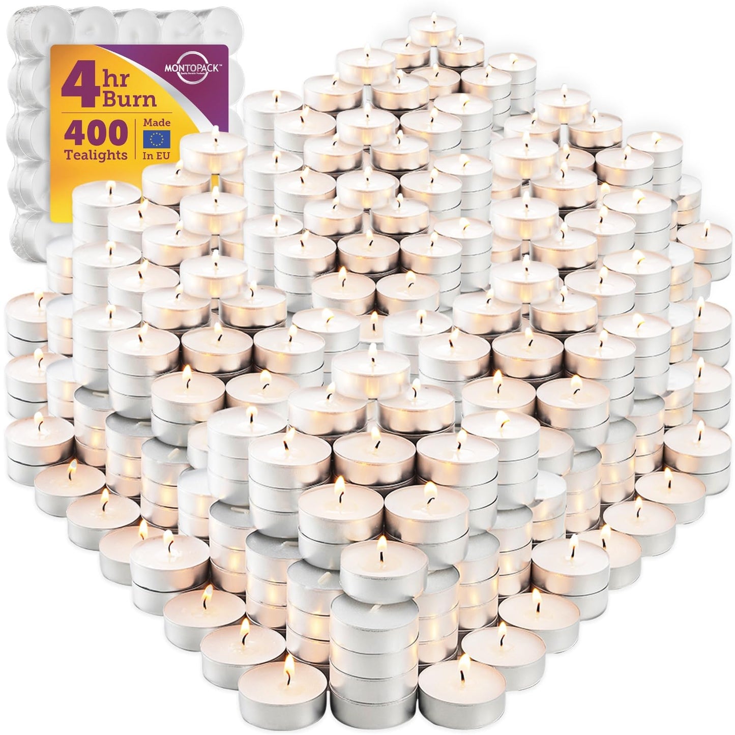 MontoPack Unscented Tea Light Candles 400 Pack | 4 Hours, White, Smokeless, Dripless Small Votive Paraffin Tealights | Long-Lasting for Home, Shabbat, Weddings, Events, Emergencies | Mini Candles Bulk