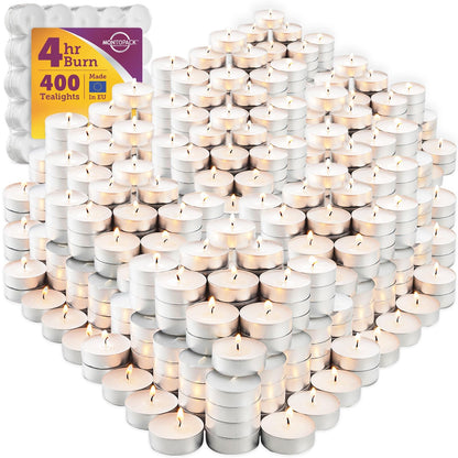 MontoPack Unscented Tea Light Candles 400 Pack | 4 Hours, White, Smokeless, Dripless Small Votive Paraffin Tealights | Long-Lasting for Home, Shabbat, Weddings, Events, Emergencies | Mini Candles Bulk