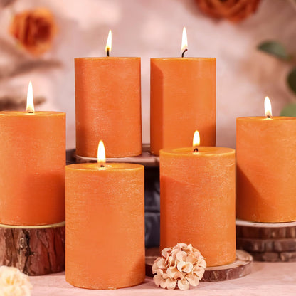 Burnt Orange Rustic Pillar Candles 6 Pack | 2.8" x 4" Soy Wax Candles, 55 H Long Burning, Smokeless Unscented Rustic Candles for Wedding, Home Decor, Farmhouse, Thanksgiving
