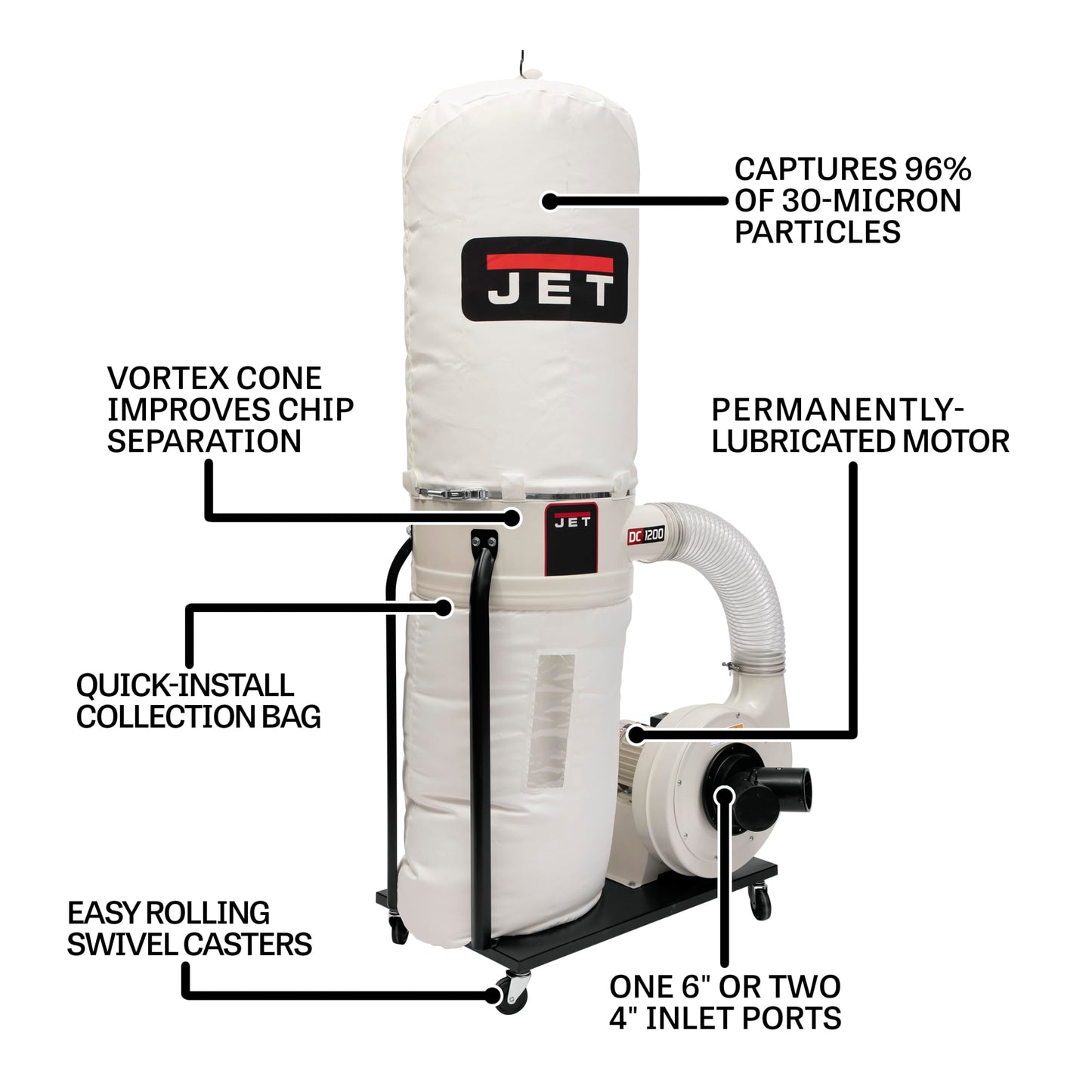 JET Vortex Cone Dust Collector, 30-Micron Bag Filter, 2 HP, 230V 1Ph (Model DC-1200VX-BK1)