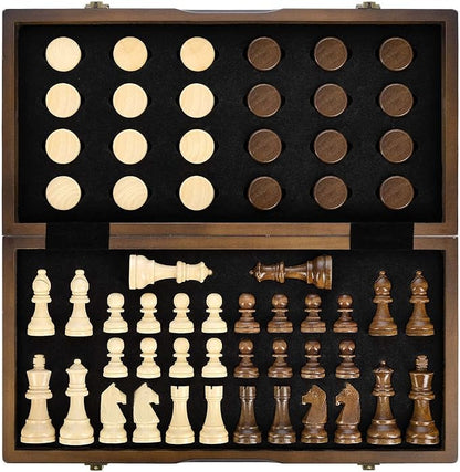AMEROUS Magnetic Wooden Chess and Checkers Game Set 15 Inches (2 in 1) Chess Board Games 2 Extra Queens - Gift Package - Game Pieces Storage Slots Beginner Chess Set for Kids Adults