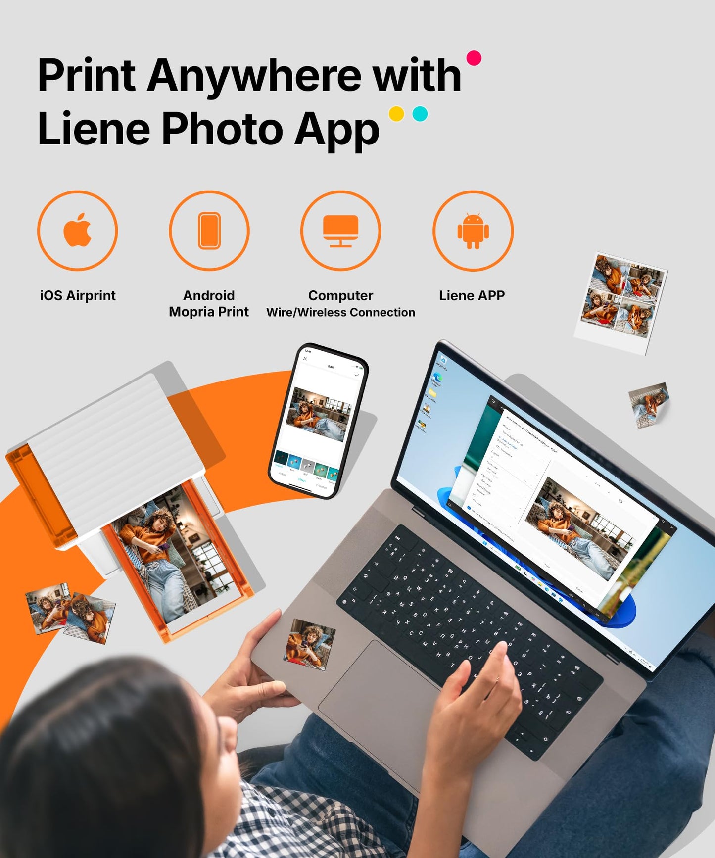 Liene Amber M110 Bluetooth Photo Printer 80 Sheets, Portable Photo Printer for iPhone, Thermal Dye Sublimation, Picture Printer 60 Sheets 4x6 Paper & 20 Sheets 3" Square Sticker Paper & 2 Cartridges