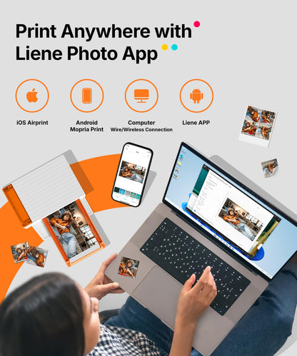 Liene Amber M110 Bluetooth Photo Printer 80 Sheets, Portable Photo Printer for iPhone, Thermal Dye Sublimation, Picture Printer 60 Sheets 4x6 Paper & 20 Sheets 3" Square Sticker Paper & 2 Cartridges