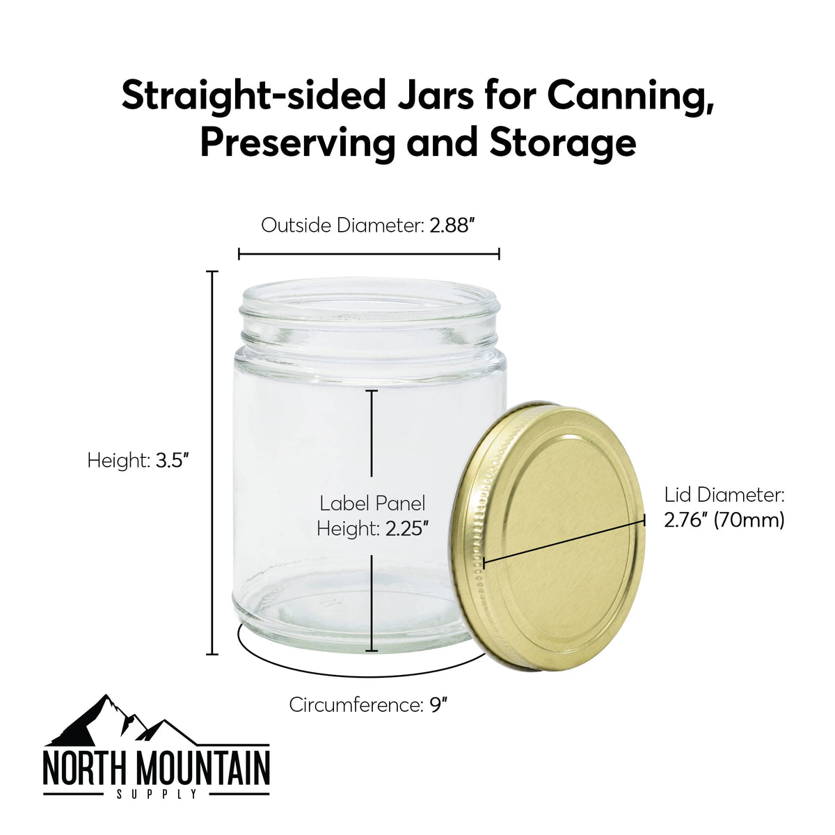 North Mountain Supply 9 Ounce Clear Glass Straight Sided Mason Canning Jars- With 70mm Gold Metal Lids - Case of 12