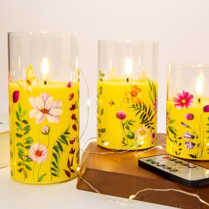 Eywamage Yellow Floral Glass Flameless Candles with Remote, Flickering Spring LED Pillar Candles Battery Operated Home Decor Set of 3