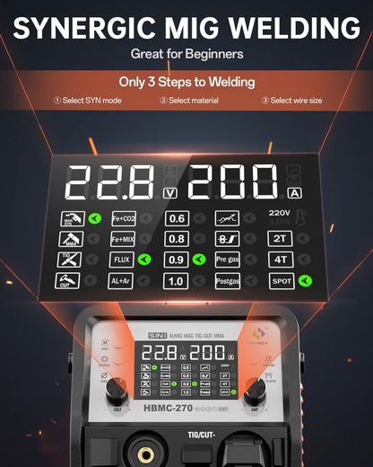 HITBOX MIG Welder 200A, 220V [6 in 1] Gasless/Gas MIG/HF TIG/Plasma Cutter 40A/Stick/Spot, 2T/4T Aluminum Multi Process Welder Machine with Synergy Large LED Display (HBMC270)