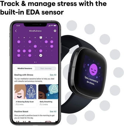 Fitbit Sense Health & Fitness Smartwatch W/GPS, Bluetooth Call/Text, Heart Rate SpO2, ECG, Skin Temperature & Stress Sensing (S & L Bands, 90 Day Premium Included) International Version (Graphite)