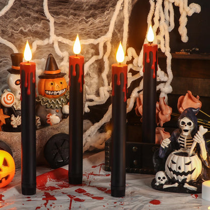 DRomance Black Flameless Taper Candles Flickering with Remote and Timer, Blood Dripping Wax Effect Battery Operated Yellow Light LED Taper Candles Dinner Halloween Spooky Decor(4 Pack, 0.78" x 8.9")