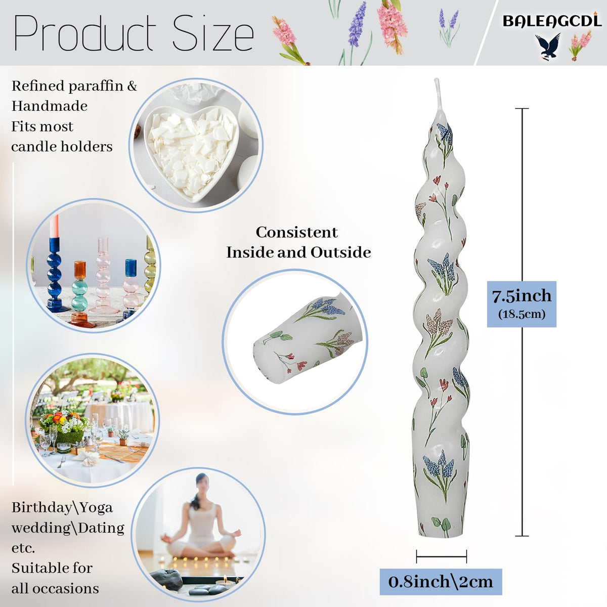 Printed Taper Candle Hyacinth Floral Spiral Candle Sticks 7.5 Inch Short Candlestick Handmade Twisted Candles for Home Wedding Holiday Decor Gifts Set of 4