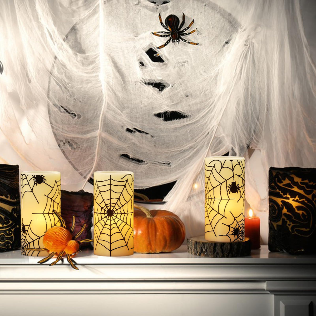 DRomance Flameless Candles Battery Operated with Timer, Set of 3 Spider Cobweb Decals Yellow Light Real Wax LED Flickering Pillar Candles Dinner Tabletop Halloween Home Decoration (3" x 6")