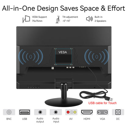 Thinlerain Touchscreen Monitor 19 Inch, 10-Point Multi Touch Screen Monitor 1440×900 HD Display with HDMI VGA AV BNC USB Ports, VESA, Build-in Speakers for POS, Office, and Industrial Use