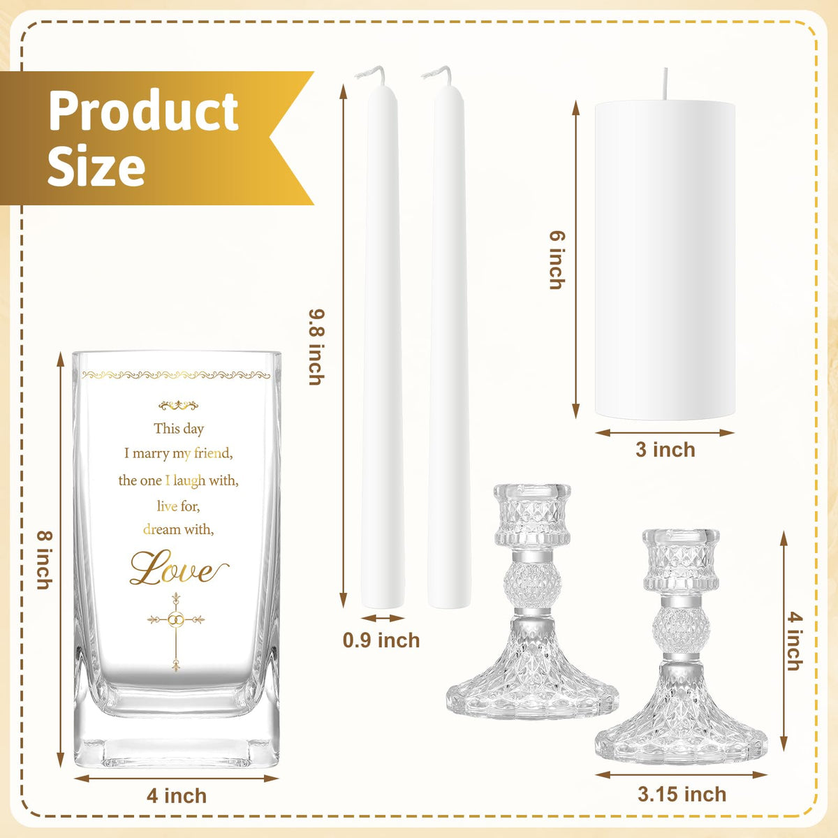FoldTier Unity Candles with Holder for Wedding Ceremony Set 1 6" Pillar 2 9.8'' Taper Candles 3 Candlestick for Religious Formal Events Church(Cross)