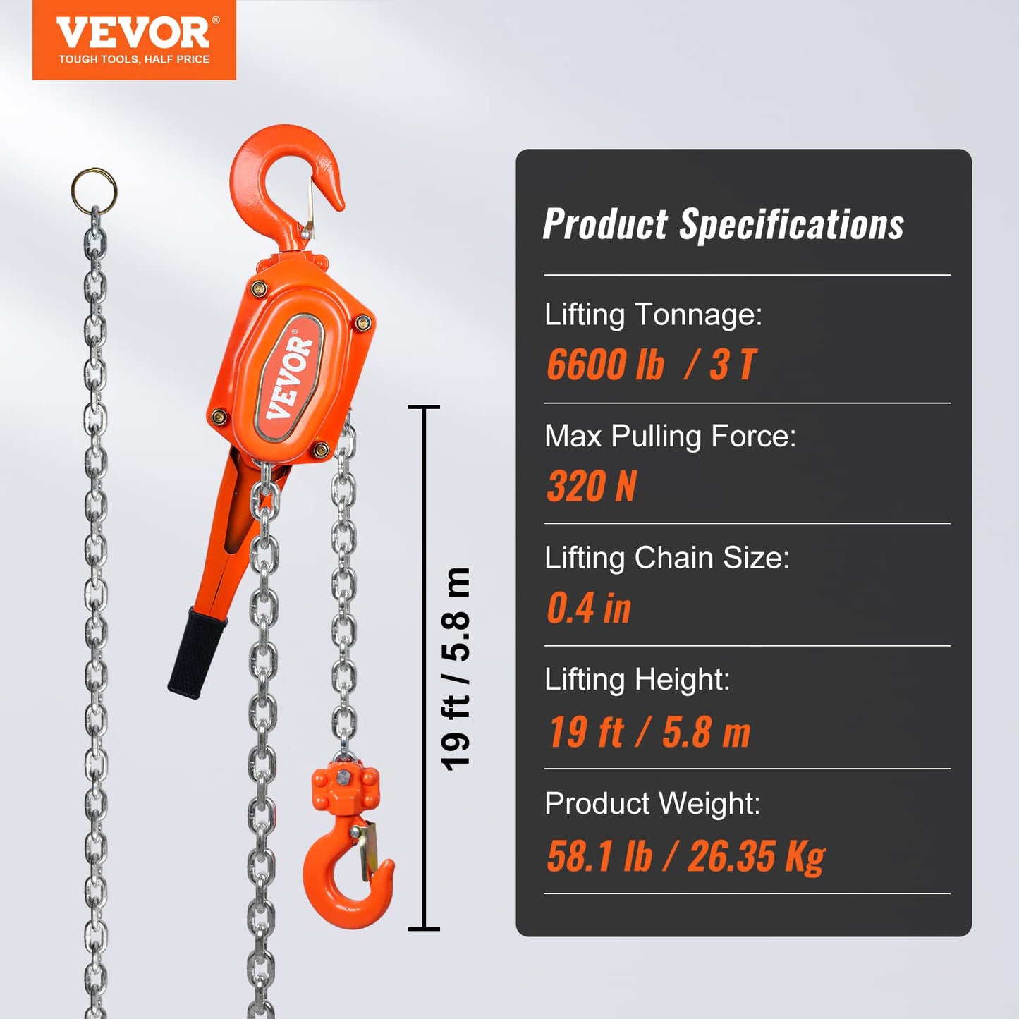 VEVOR Manual Lever Chain Hoist, 3 Ton 6600 lbs Capacity 20 FT Come Along, G80 Galvanized Carbon Steel with Weston Double-Pawl Brake, Auto Chain Leading & 360° Rotation Hook, for Garage Factory Dock