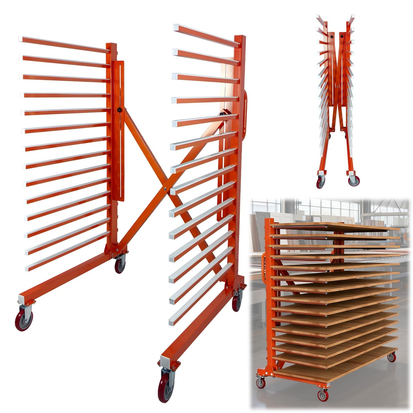 GONGJIANG Adjustable 15-Shelf Paint Drying Rack with Casters, 12"-58" Width, 110 lbs Capacity Per Tier, Space-Saving Metal Storage Rack for Cabinet Doors, Art Panels, Workshop