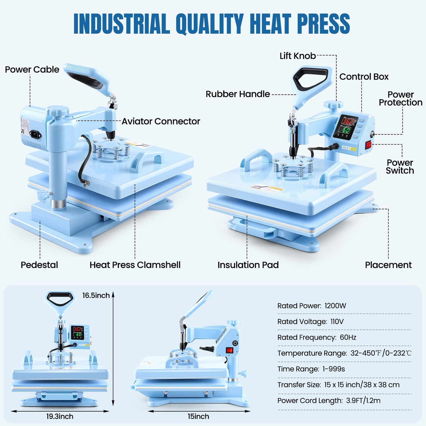 AKEYDIY Heat Press 15x15 inch 5 in 1 with 30OZ Tumbler Press, 360° Swivel Away Slide Out Digital Shirt Press Machine, Industrial Heat Transfer Machine Sublimation for T-Shirt (15x15-5 in 1 Blue)