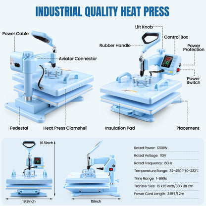 AKEYDIY Heat Press 15x15 inch 5 in 1 with 30OZ Tumbler Press, 360° Swivel Away Slide Out Digital Shirt Press Machine, Industrial Heat Transfer Machine Sublimation for T-Shirt (15x15-5 in 1 Blue)