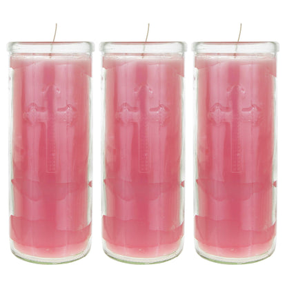 Mega Candles 3 pcs Unscented Pink Dual Cross Glass Container Altagraciano Devotional Prayer Candles, Premium Wax Candle 3 Inch x 7.25 Inch, Sanctuary, Vigils, Prayers, Blessings, Religious, Memorials