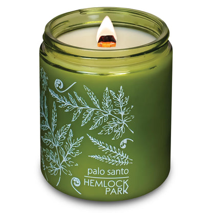 Hemlock Park Palo Santo Green Glass Hand-Poured Scented Candle | Crackling Wood Wick, Botanical Fragrance & Coconut Wax | Up to 60 Hour Burn Time | 8 oz