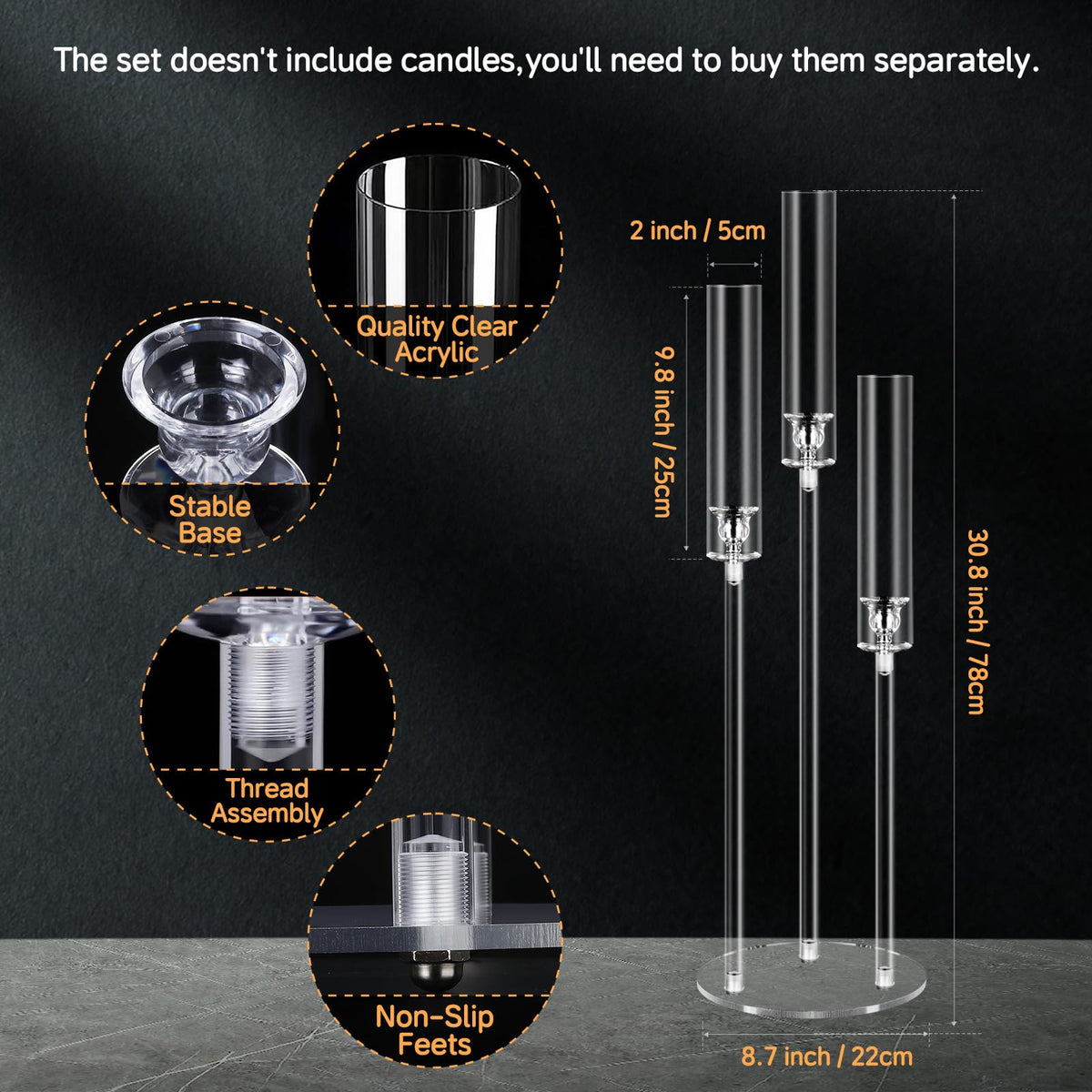 6 Set 3 Arms Acrylic Candelabra Centerpieces for Wedding Table Decorations,30.7" Clear Candlesticks Holder with Acrylic Shade for Valentine's Day Dinner Party Fireplace Decor Fit LED Candle