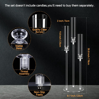 6 Set 3 Arms Acrylic Candelabra Centerpieces for Wedding Table Decorations,30.7" Clear Candlesticks Holder with Acrylic Shade for Valentine's Day Dinner Party Fireplace Decor Fit LED Candle