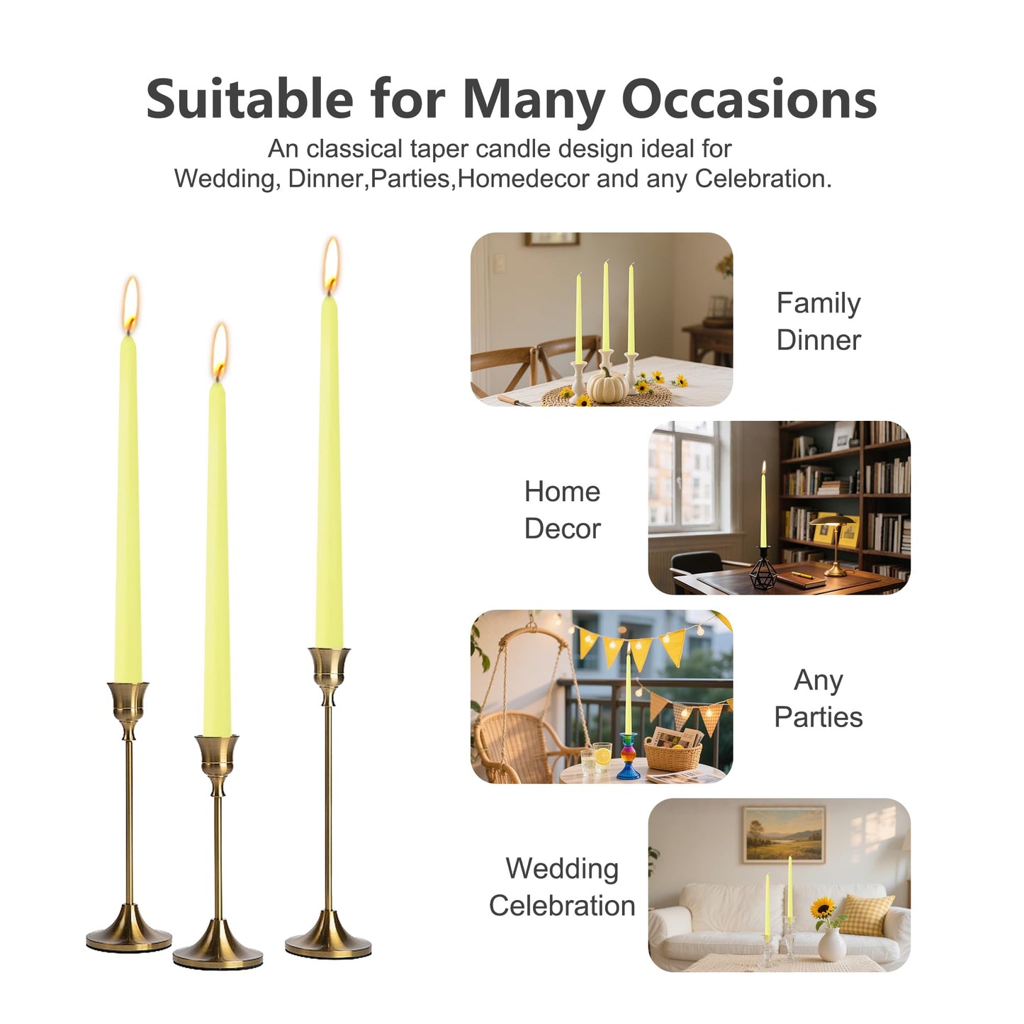 8 Pack 10 Inch Yellow Taper Candles for Dinner Home Decor Wedding Shower