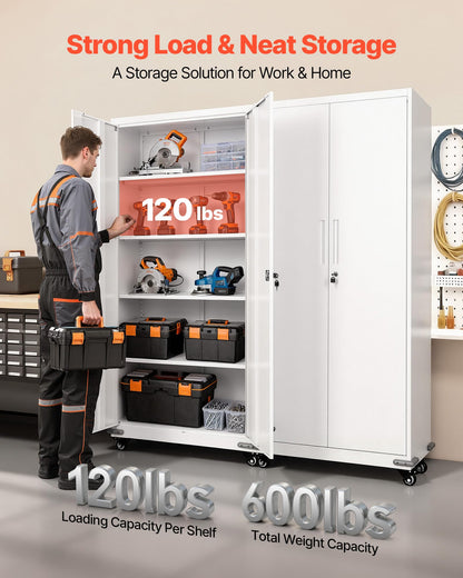 VEVOR Metal Storage Cabinet, 72.6 in Rolling Steel Garage Cabinet with 4 Adjustable Shelves, 2 Magnetic Doors & 2 Keys, 5 Tiers Lockable Tool Storage for Pantry, Warehouse, Basement, Office, White