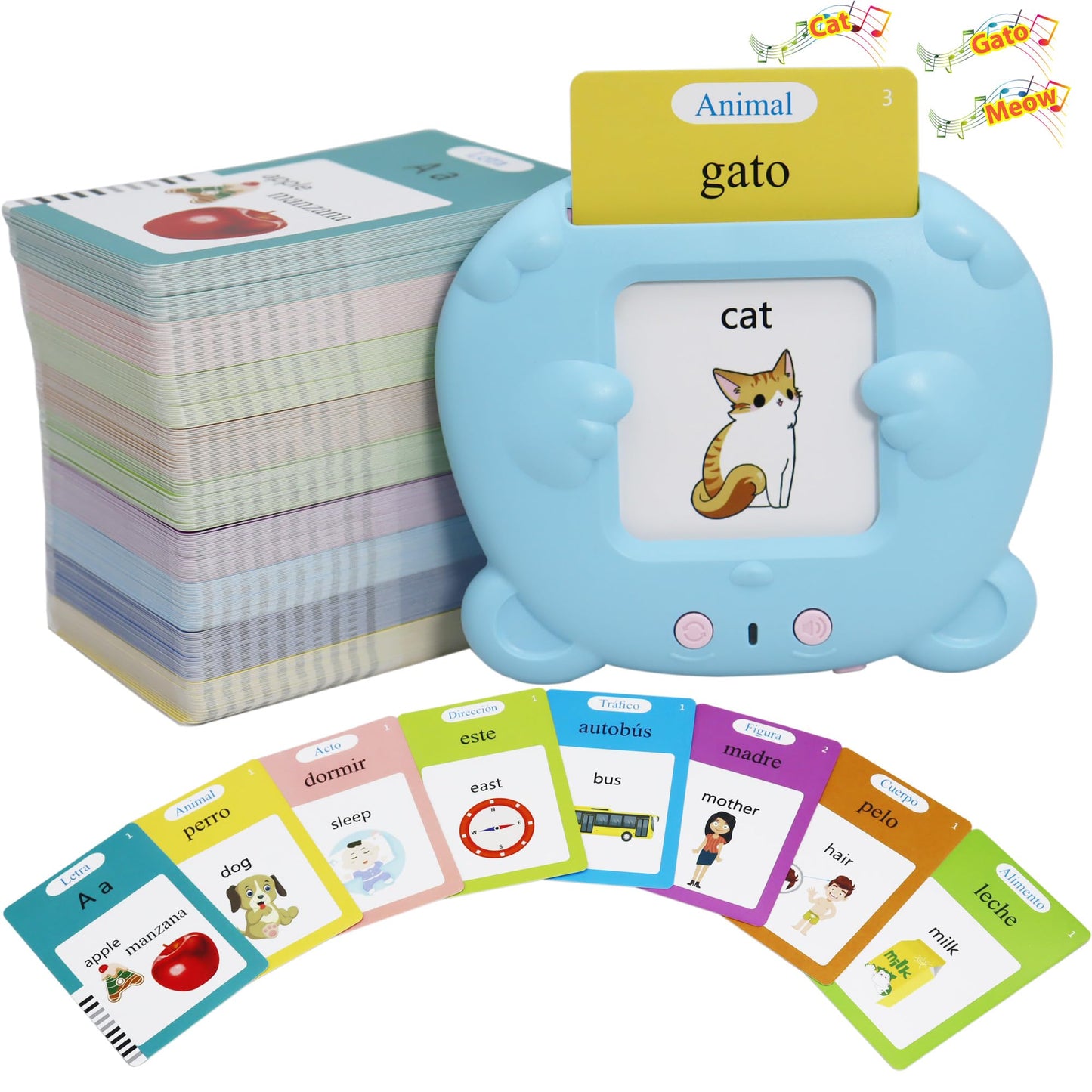 Spanish & English 510 Words Alphabet Bilingual Talking Flash Cards for 3-8 Years Toddlers, Pocket Speech Buddy Therapy Autism Toys, Educational Learning Interactive Toy for Boys Girls Kids Gifts Blue