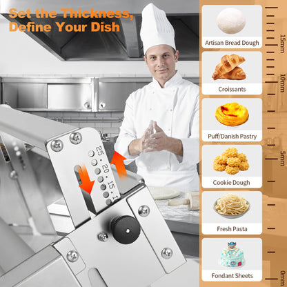 12" Folding Dough Sheeter, Includes 23.6" x 11.8" Sheeter Board, Dough Mat(23.6" x 15.8"), 2 Scrapers, 2 Pastry Brushs, Wool Brush, Manual Dough Roller with 55 Thickness Settings, Stainless Steel