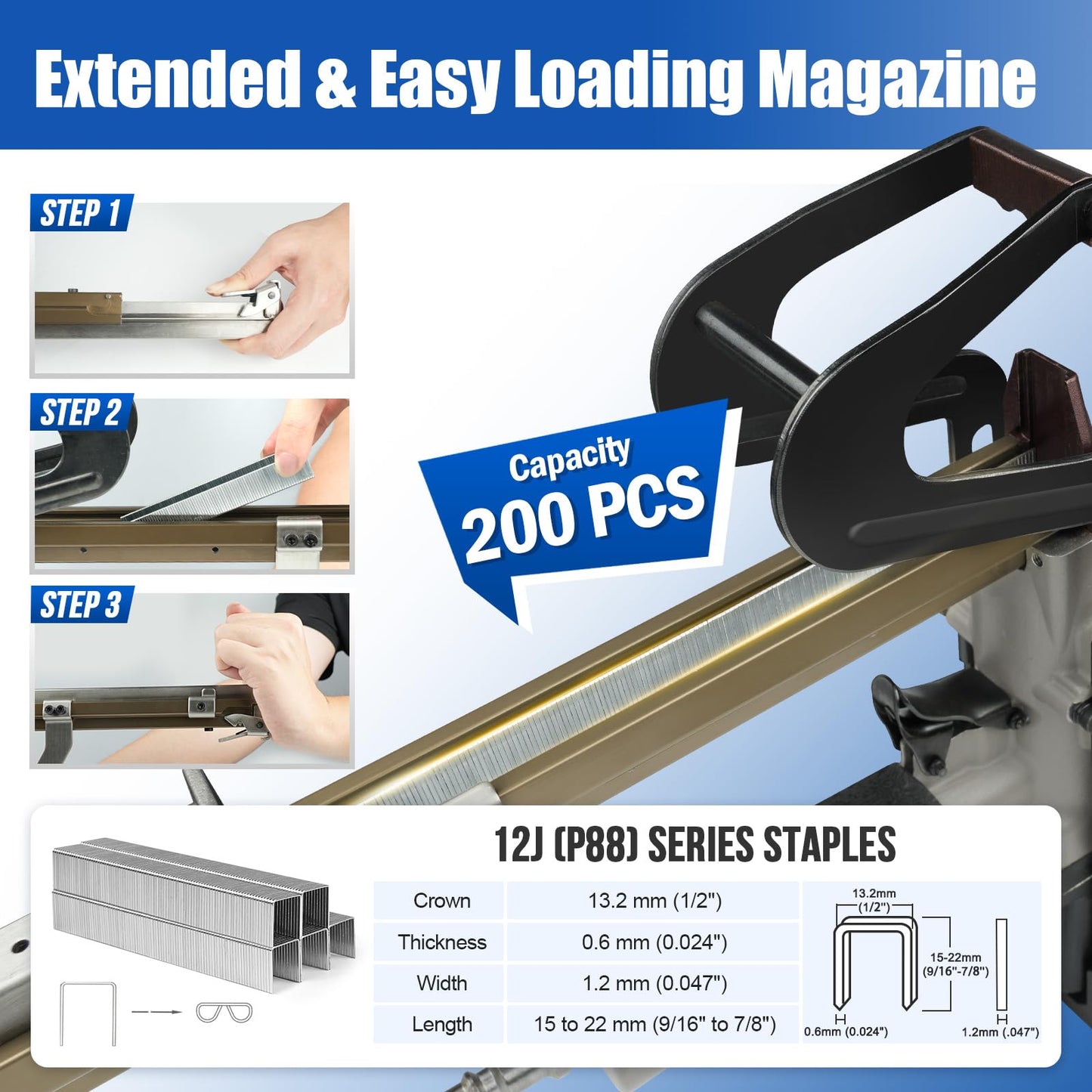Woodpecker P88A Pneumatic Stapling Plier 20 Gauge 1/2" (13.2 mm) Crown Mattress Stapler Fits 9/16" to 7/8" (15 to 22mm) Length Staples for Bedding and Spring Furniture
