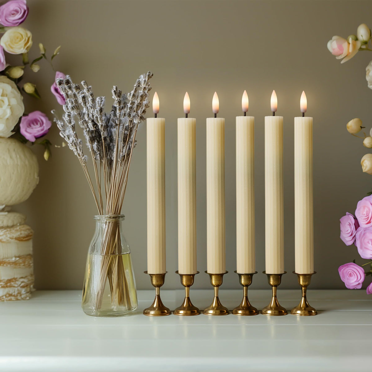 West Ivory 12 Pack, 10" LED Flameless Ivory Fluted Ribbed Grooved Taper Candles with 2 Remotes & 24h Timer Memory, On/Off Button, Dimmable, Flicker Mode, Battery Operated, Christmas Menorah Wedding