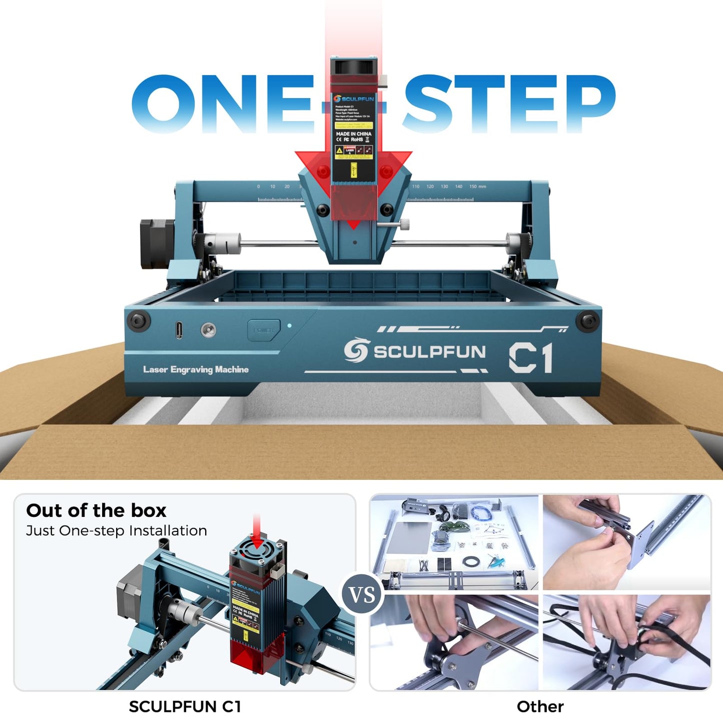 SCULPFUN C1 Mini Laser Engraver, 3W Portable Laser Engraving Machine with 0.04mm Ultra Fine Spot, Work for DIY Beginners,Plywood,Leather,Kraft Paper,Slate, Engraving Area 150 * 130mm