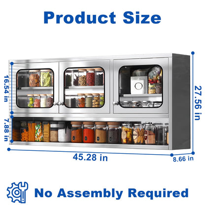 ZZV Kitchen Wall Cabinet, Stainless Steel Wall Mounted Cabinet with Adjustable Shelves, Industrial Wall Storage Cabinet for Garage, Warehouse, Commercial Kitchen, 8.66D x 45W x 27.56H in