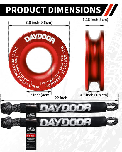 DAYDOOR 56,000 LBS Soft Shackle Recovery Kit, 1/2" x 22" (2-Pack) with 7075 Aluminum Snatch Ring, Winch Accessory for Jeep Wrangler, Bronco, 4Runner, Tacoma, ATV/UTV/Jeeps/SUVs, 4x4 Off-Road(Gray)