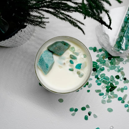 Ava Concept Amazonite Crystal Candle – 10oz / 280g Fig Tree & Sandy Sea Aromatherapy Hand-Poured Soy Wax Genuine Amazonite Healing Crystals Embedded Cleansing, Health & Calming Gift Box Included