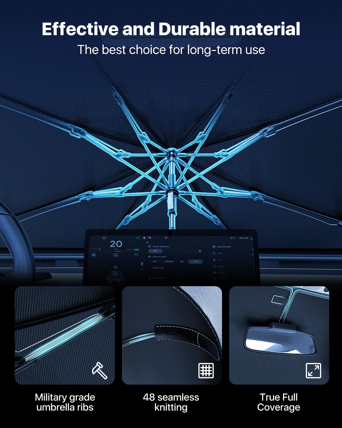 [2025 Upgrade] Nmoiss Windshield Sun Shade Umbrella - [Vinyl Coating Heat Shield] Protect Car from Sun Rays & Heat Damage Keep Cool and Protect Interior, Spring Structure Edge Medium 56" L x 31" W