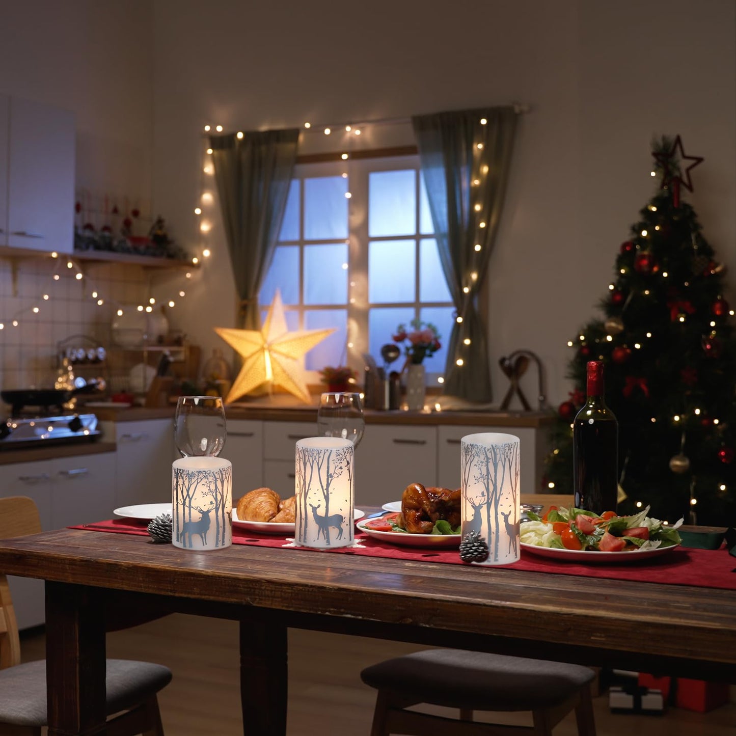 Lasumora Birch Silver Reindeer Christmas Candles with 6H Timer, Real Wax LED Candle Flameless Flickering, Battery Operated Candles Pillar for Home Décor Christmas Decorations Gifts, 3x4/5/6 inches