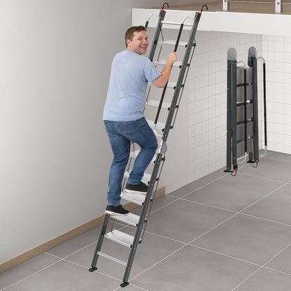 Foldable Aluminum Loft Stairs Ladder 8.5ft / 9ft / 9.5ft / 10.5ft / 11.5ft, Heavy Duty Bunk Bed ladders with Handrails ＆ Hooks, 10 Step Attic Ladder for Small Opening, Load 330 lbs