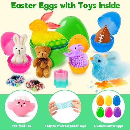 Jumlys 30 Pack Prefilled Easter Eggs with Toys, Mix 4 Sizes Surprise Plastic Easter Eggs with Toys Inside, Perfect for Easter Egg Hunt , Basket Stuffers and Party Favors