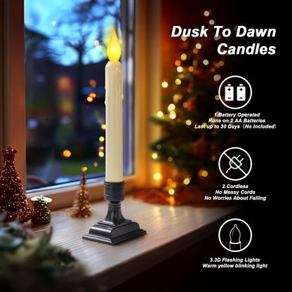 Meigic 6 Pcs Sensor Dawn to Dusk Window Candles, Flickering Battery Candles for Windows, Ultra Bright Fake Candle Lights with Black Holders, Led Candlesticks for Xmas Home Decor, Warm Yellow Light