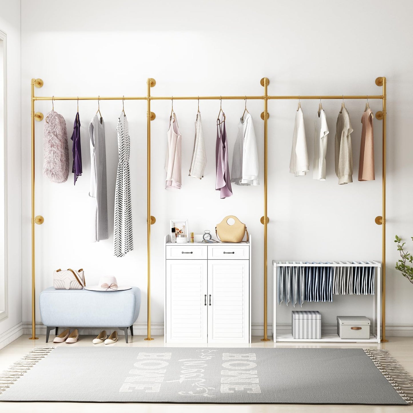 ORSENIGO Industrial Pipe Clothing Rack, Heavy Duty Clothes Rack for Hanging Clothes, Wall Mounted Display Garment Rack for Home Retail Boutique (Three, Gold)