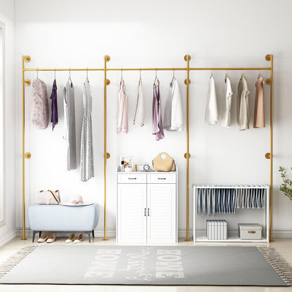 ORSENIGO Industrial Pipe Clothing Rack, Heavy Duty Clothes Rack for Hanging Clothes, Wall Mounted Display Garment Rack for Home Retail Boutique (Three, Gold)