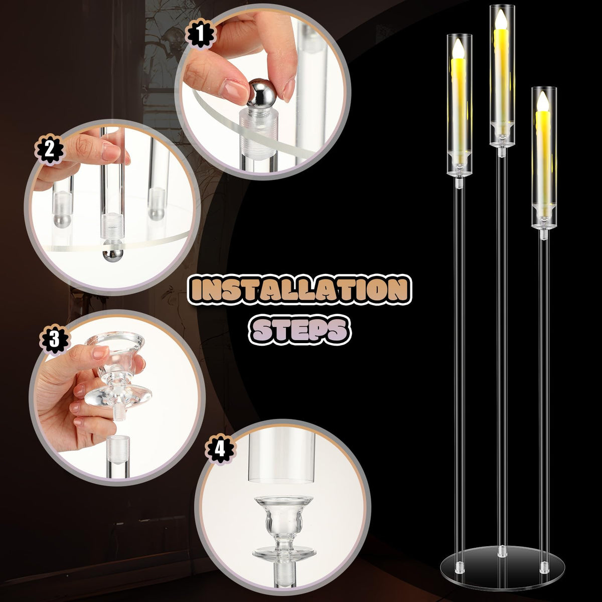 Havawish 6 Set Acrylic Candelabra Centerpieces 3 Arms with 18 LED Candles 42.5'' Floor Tall Candle Holders with Acrylic Shade Wedding Clear Table Candlesticks Stand Fit 0.8'' for Party