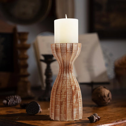 Farmhouse Wooden Candle Holders for Pillar Candles, Brown Prism Rustic Wood Pillar Candle Stands Table Centerpiece Decor for Fireplace, Living, and Dining Room