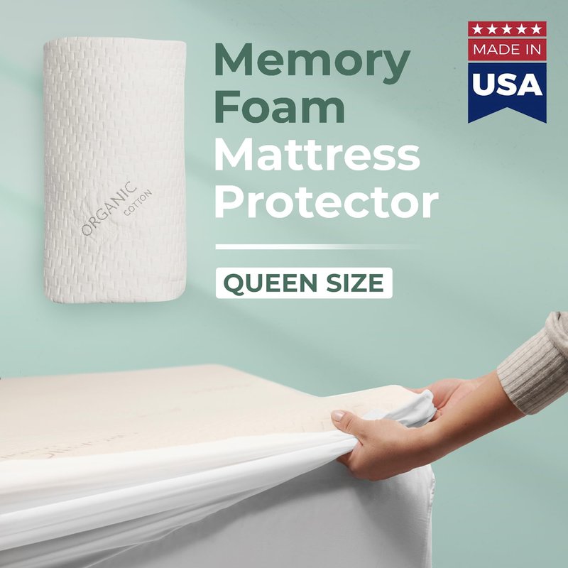 Memory Foam Mattress Protector – Organic Cotton with Eco-Friendly Greenshield Water Resistance – Kool-Flow Breathable Stretch Fabric – All USA Made – Best for Plush Beds – Queen