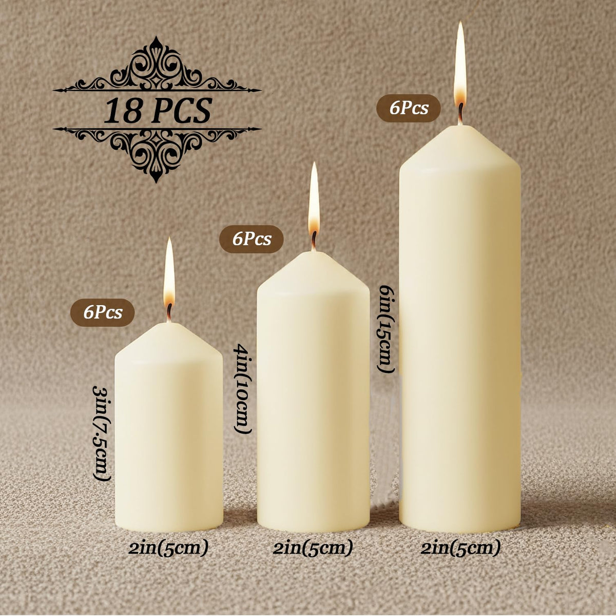 Veiuwa 18 Pack Ivory Pillar Candles Bulk Set, 2x3 2x4 2x6 Inch - 6 Each Size, Dripless Smokeless Clean Burning for Wedding Centerpieces, Home Decor, Church, Romantic Ambiance！